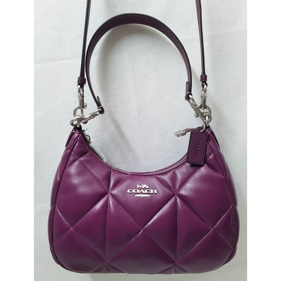 Coach Teri Hobo Diamond Deep Berry Quilted Leather Zipper Shoulder Bag -NWT $528 - Picture 14 of 16